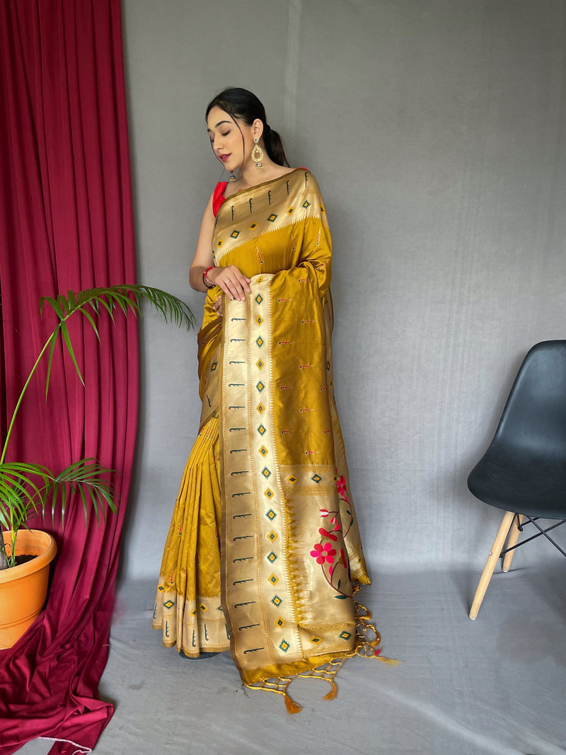 Flax Yellow Muniya Paithani Woven Silk Saree
