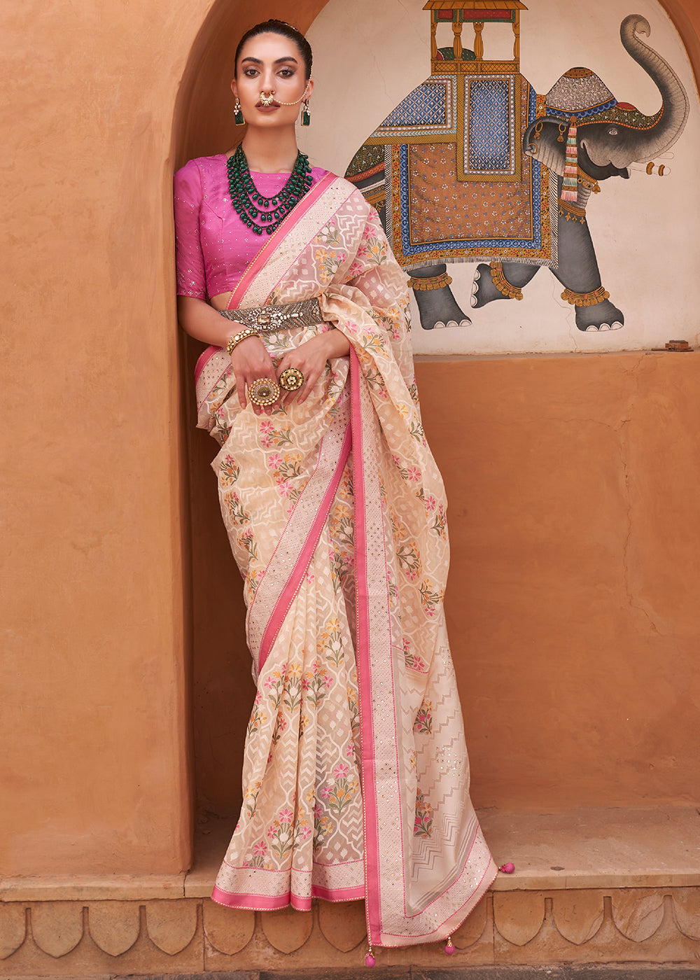 Buy MySilkLove Shilo Pink and Ivory Patola Printed Tissue Silk Saree Online