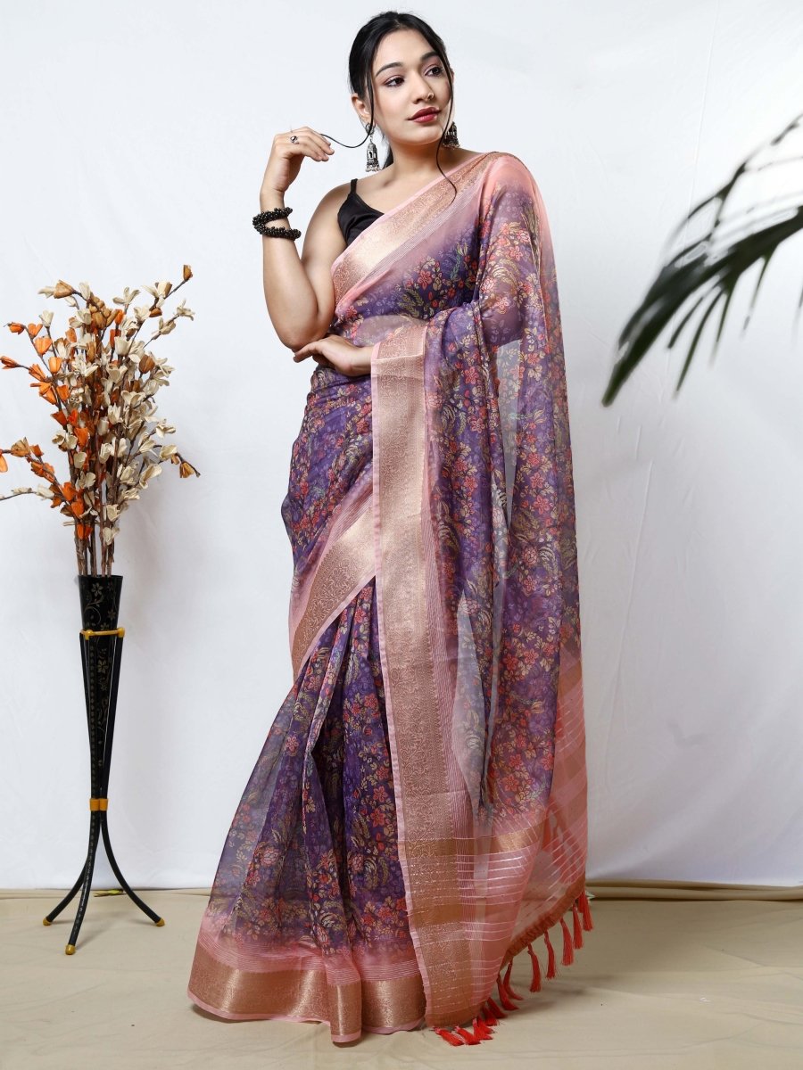Buy MySilkLove Almond Pink Organza Kalamkari Printed with Sequins Jacquard Woven Saree Online