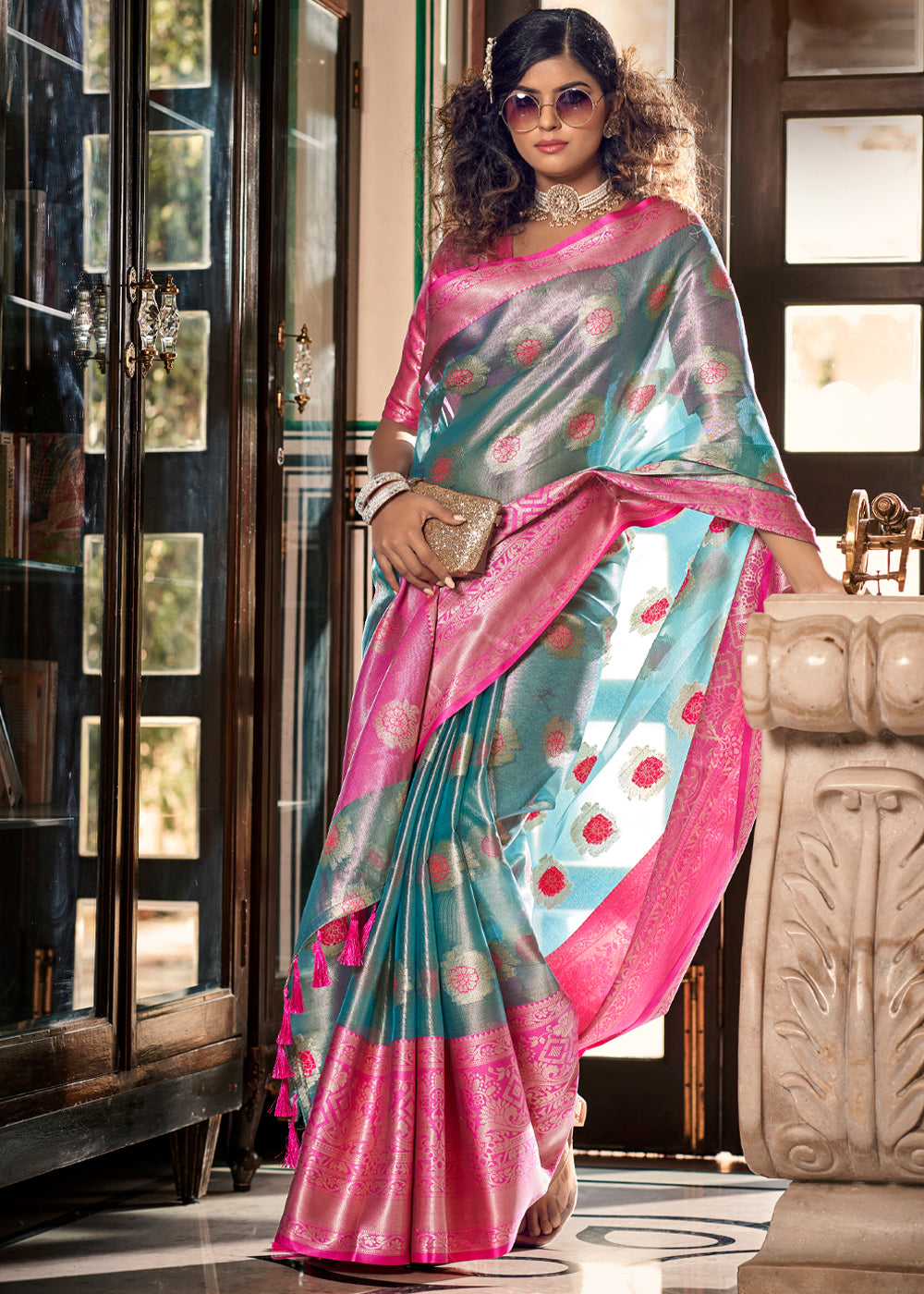 Buy MySilkLove Sea Nymph Blue and Pink Woven Banarasi Organza Silk Saree Online