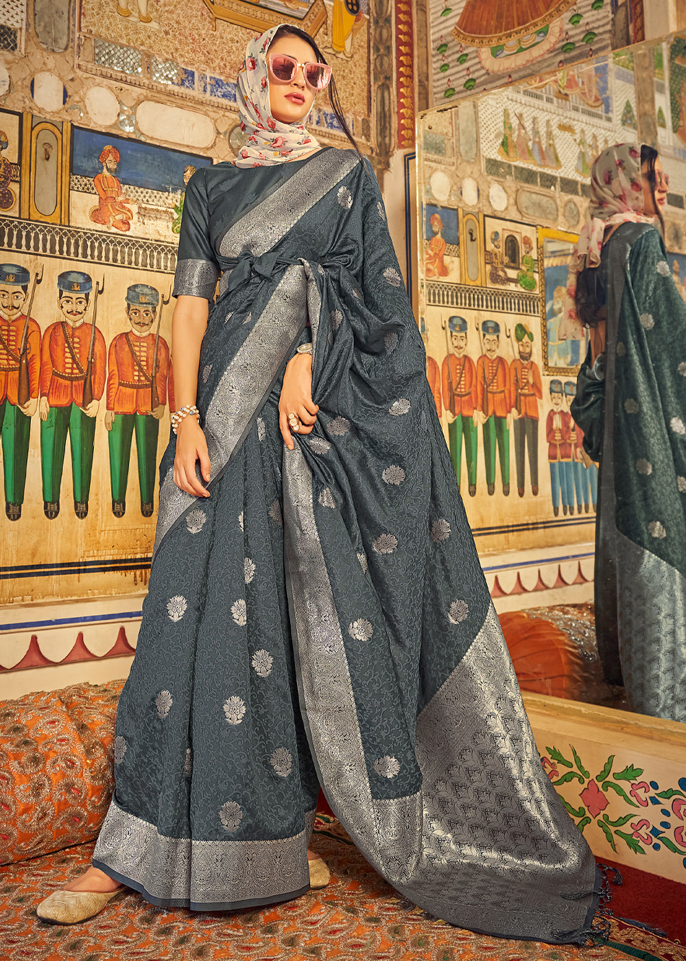 Buy MySilkLove Cape Cod Grey Banarasi Woven Silk Saree Online