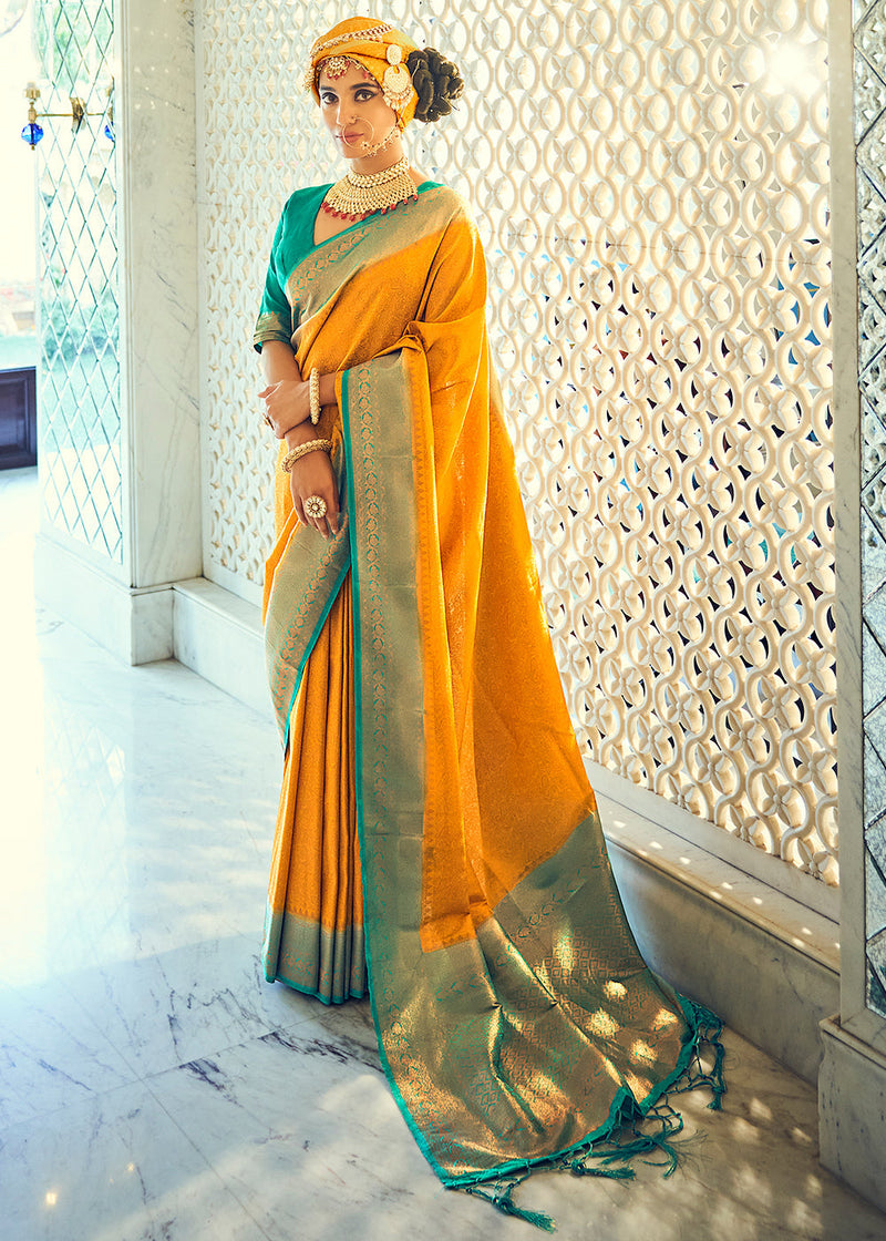 Sunglow Yellow and Green Woven Kanjivaram Silk Saree