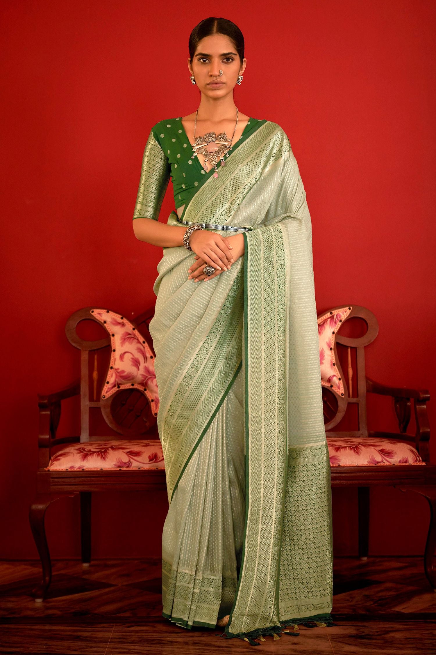 Buy MySilkLove Dingley Green Woven Banarasi Woven Silk Saree Online