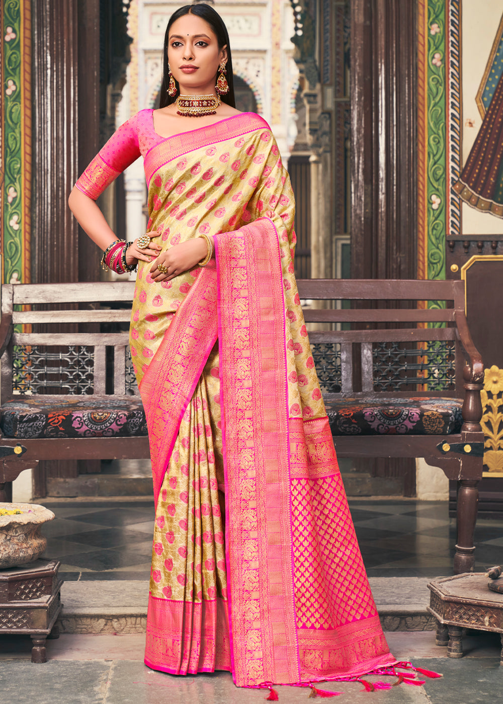 Buy MySilkLove Drover Yellow and Pink Woven Kanjivaram Silk Saree Online