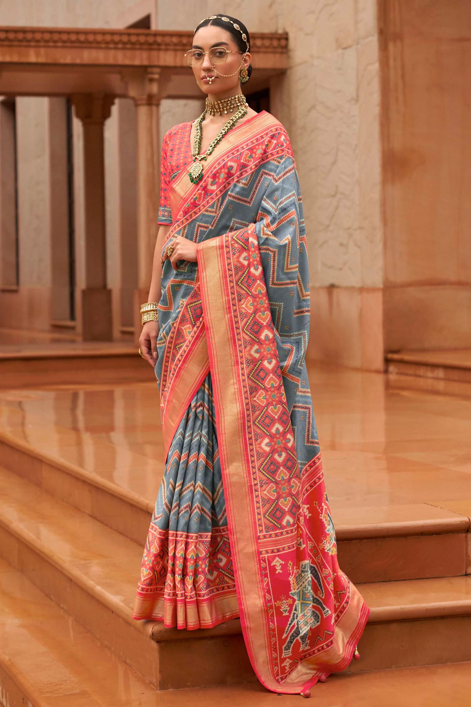 Buy MySilkLove Sirocco Grey and Red Patola Printed Silk Saree Online