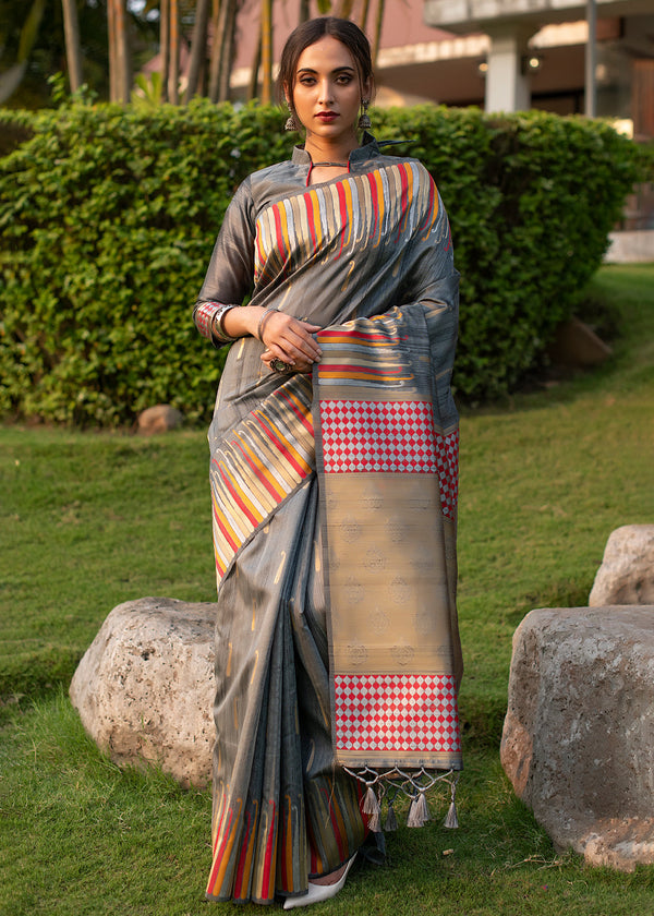 Russett Grey Tussar Raw Silk Saree