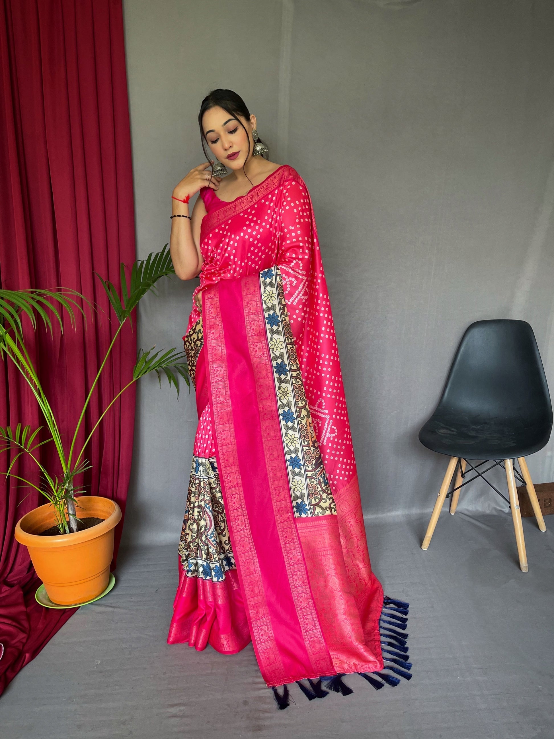 Buy MySilkLove Tickle Me Pink Gala Bandhej Kalamkari Printed Silk Saree Online