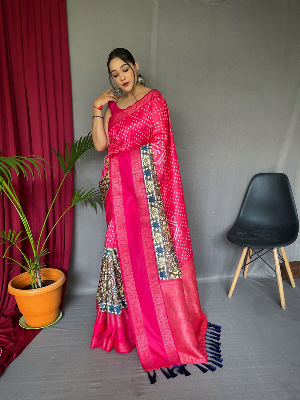 Tickle Me Pink Gala Bandhej Kalamkari Printed Silk Saree