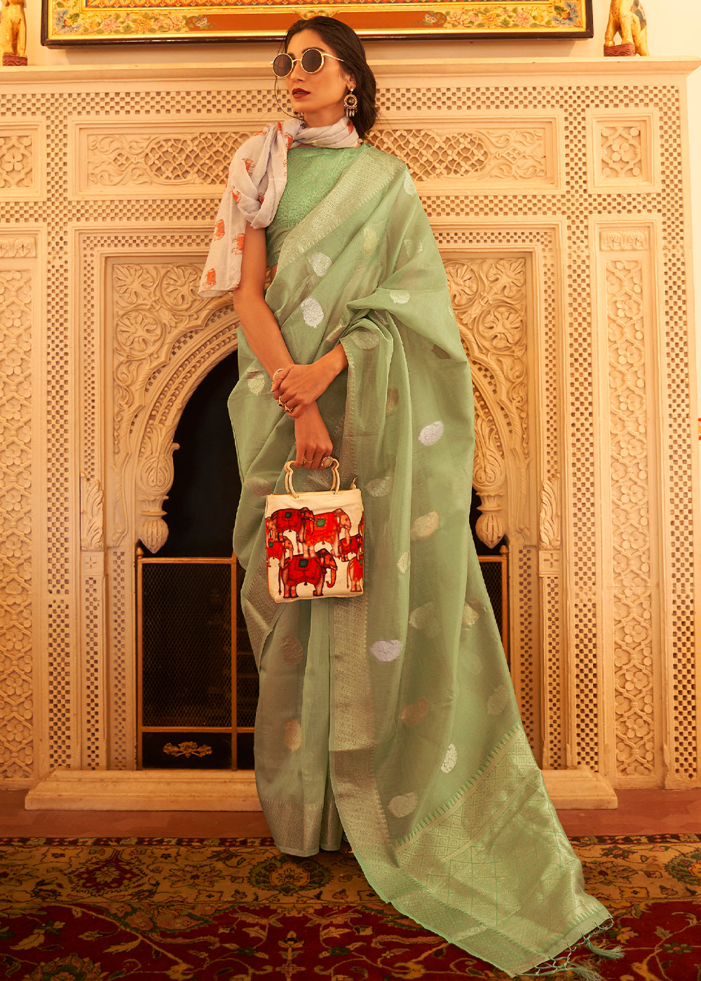 Buy MySilkLove Misty Green Zari Woven Tissue Silk Saree Online
