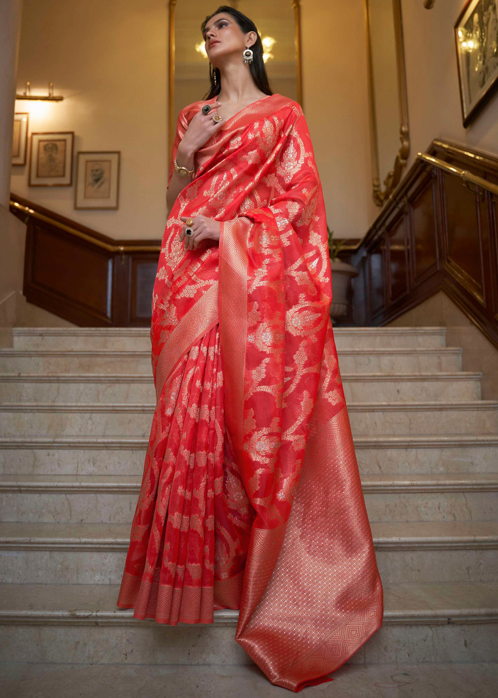 Buy MySilkLove Poppy Red Woven Organza Banarasi Silk Saree Online