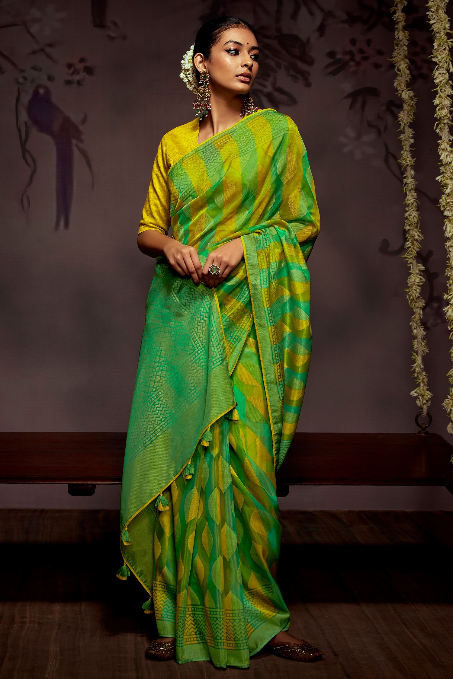 Buy MySilkLove Atlantis Green Printed Brasso Saree Online