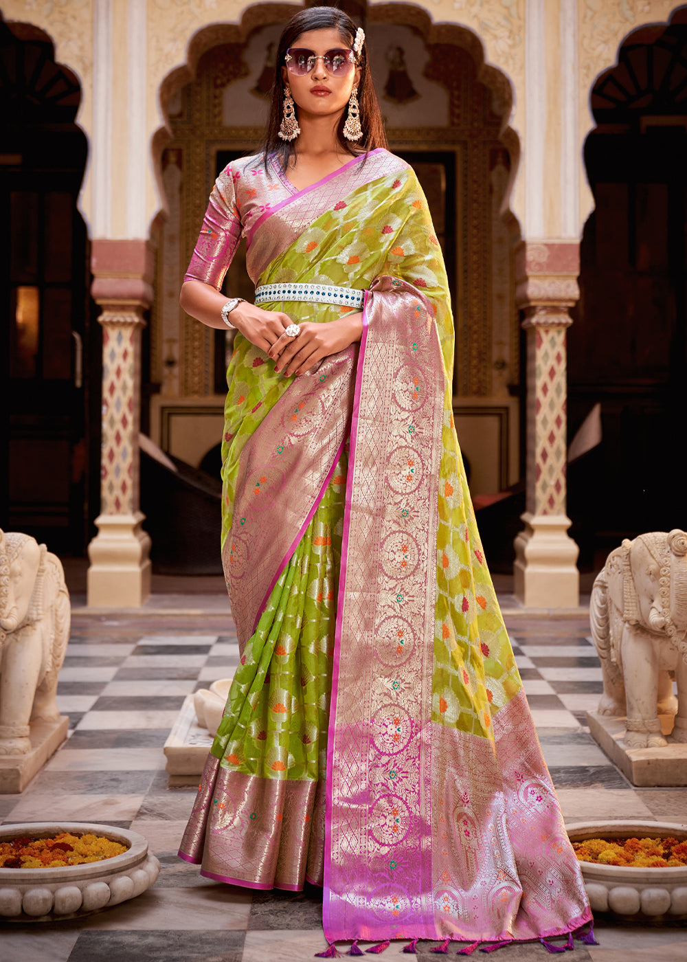 Buy MySilkLove Husk Green Banarasi Tissue Woven Silk Saree Online