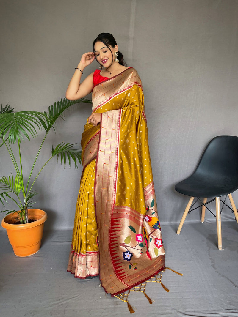 Golden Grass Polka Paithani Woven Silk Saree