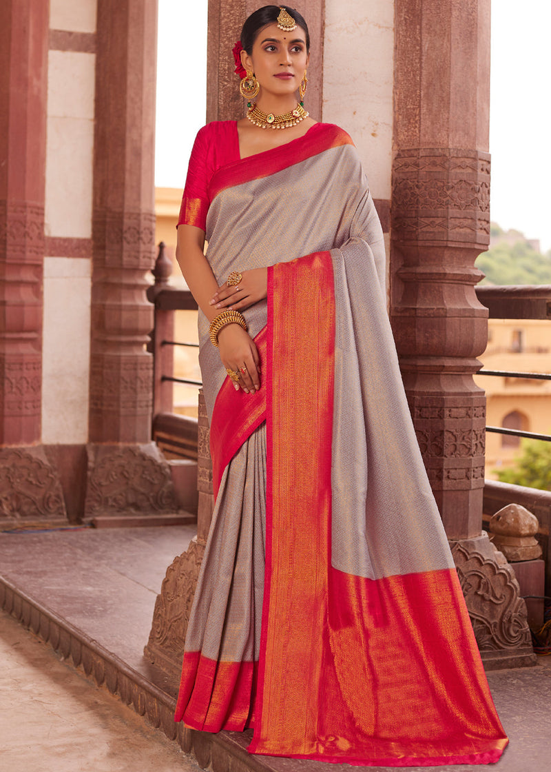 Akaroa Grey and Red Woven Kanjivram Silk Saree