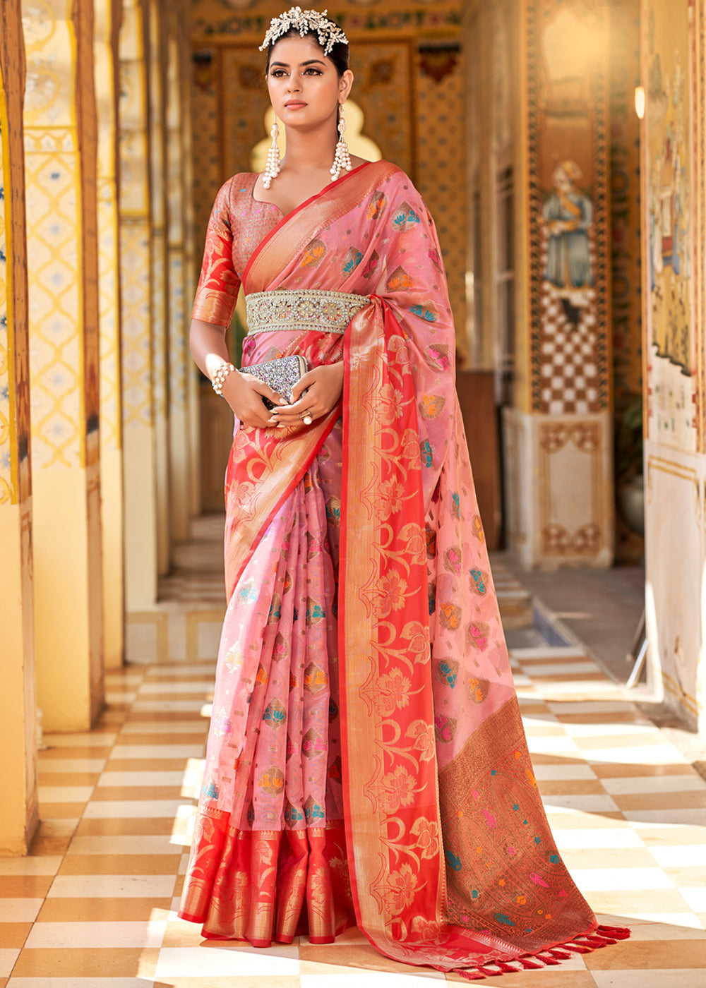 Buy MySilkLove Deep Blush Pink Banarasi Tissue Woven Silk Saree Online