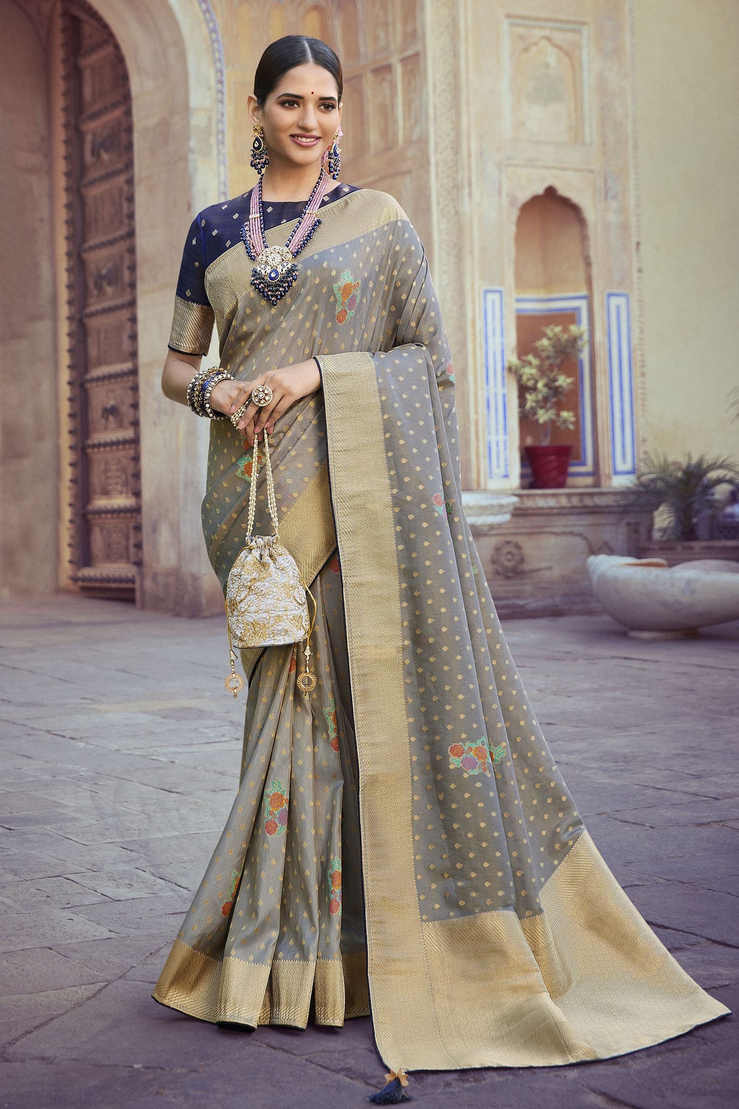 Cloudy Grey Woven Designer Banarasi Silk Saree