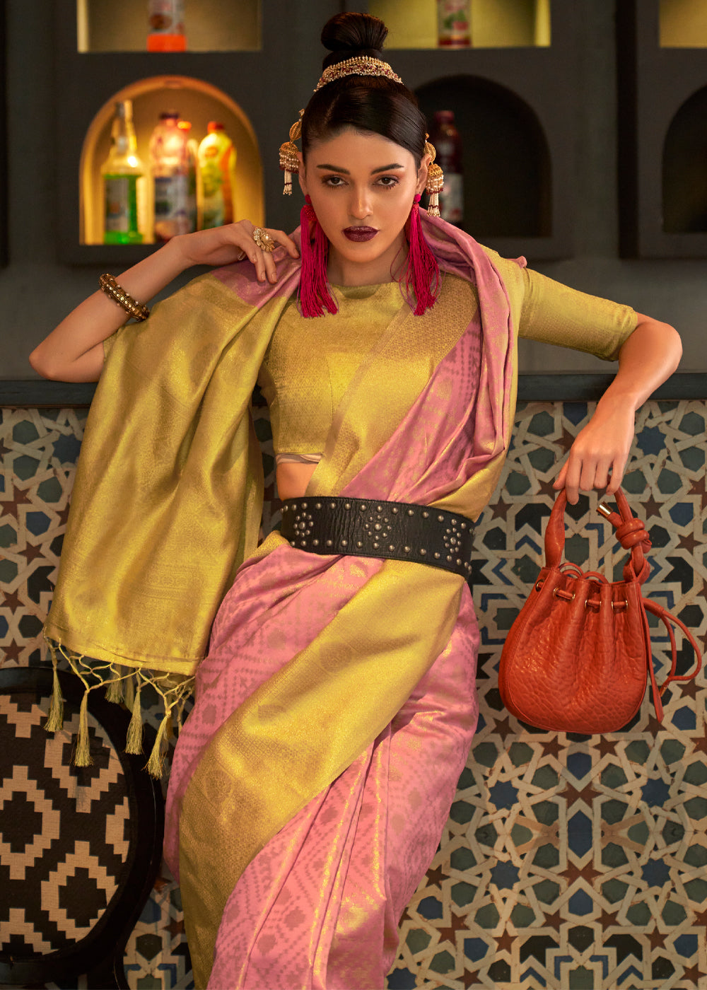 Buy MySilkLove Vivid Tangerine Pink and Yellow Banarasi Woven Silk Saree Online