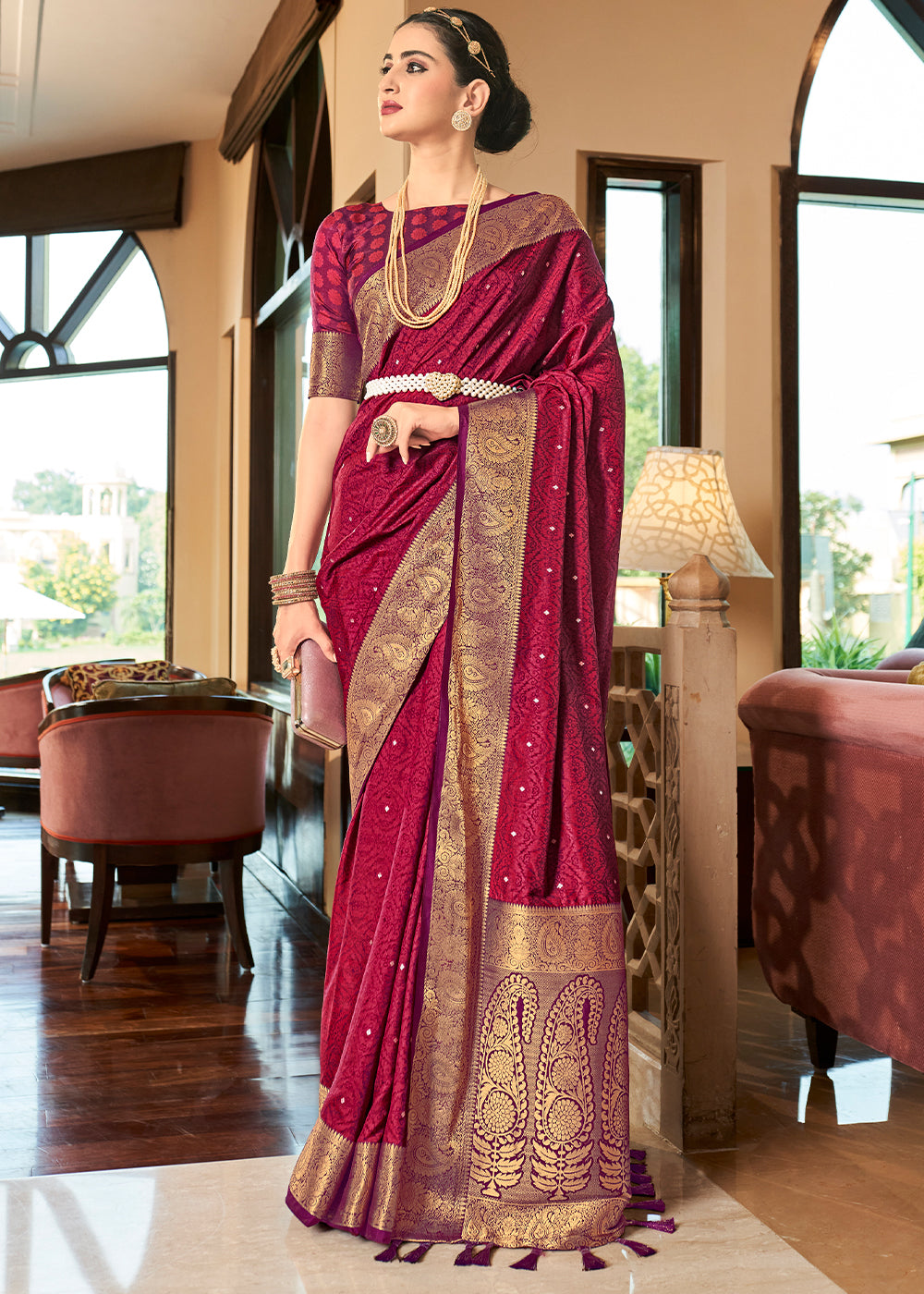 Buy MySilkLove Jazzberry Jam Pink Banarasi Woven Two Tone Saft Silk Saree Online