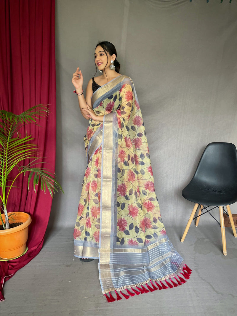 Zombie Yellow Organza Floral Printed with Sequins Jacquard Woven Saree