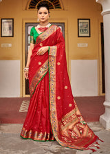 Rusty Red Banarasi Woven Soft Silk Saree