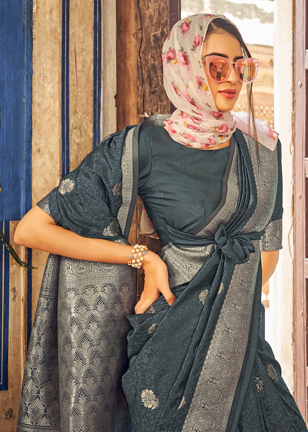 Buy MySilkLove Cape Cod Grey Banarasi Woven Silk Saree Online