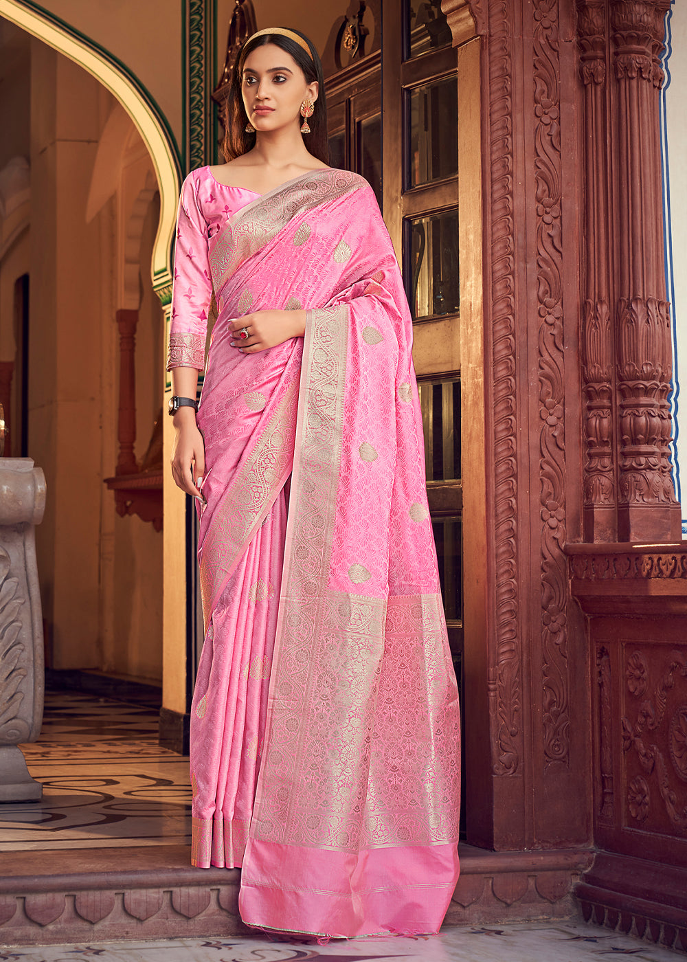 Buy MySilkLove Pink Sherbert Banarasi Woven Satin Silk Saree Online