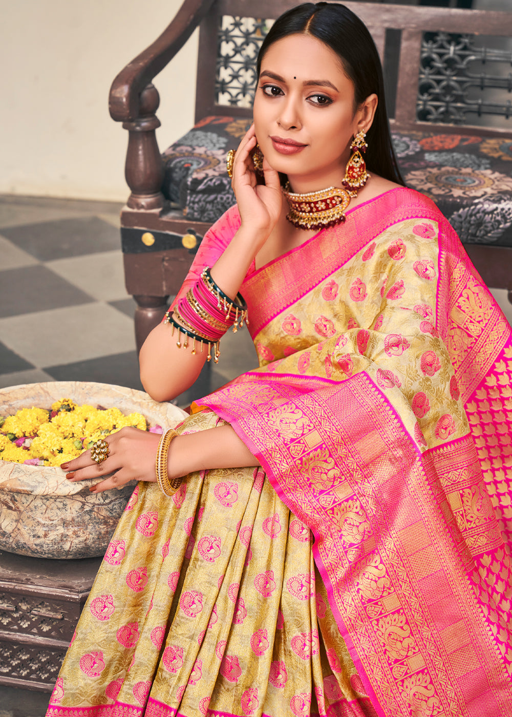 MySilkLove Drover Yellow and Pink Woven Kanjivaram Silk Saree