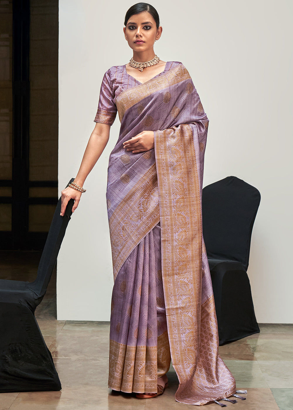 Buy MySilkLove Lilac Luster Purple Banarasi Woven Printed Silk Saree Online