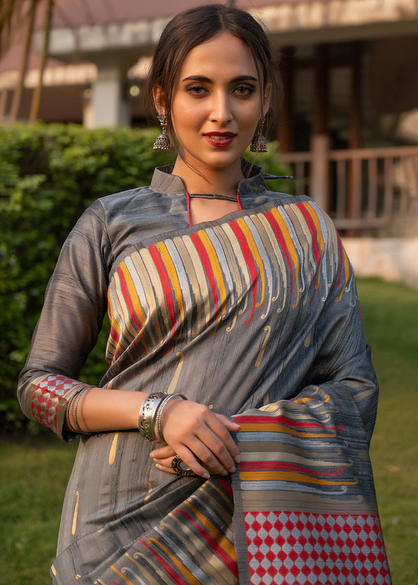 Russett Grey Tussar Raw Silk Saree