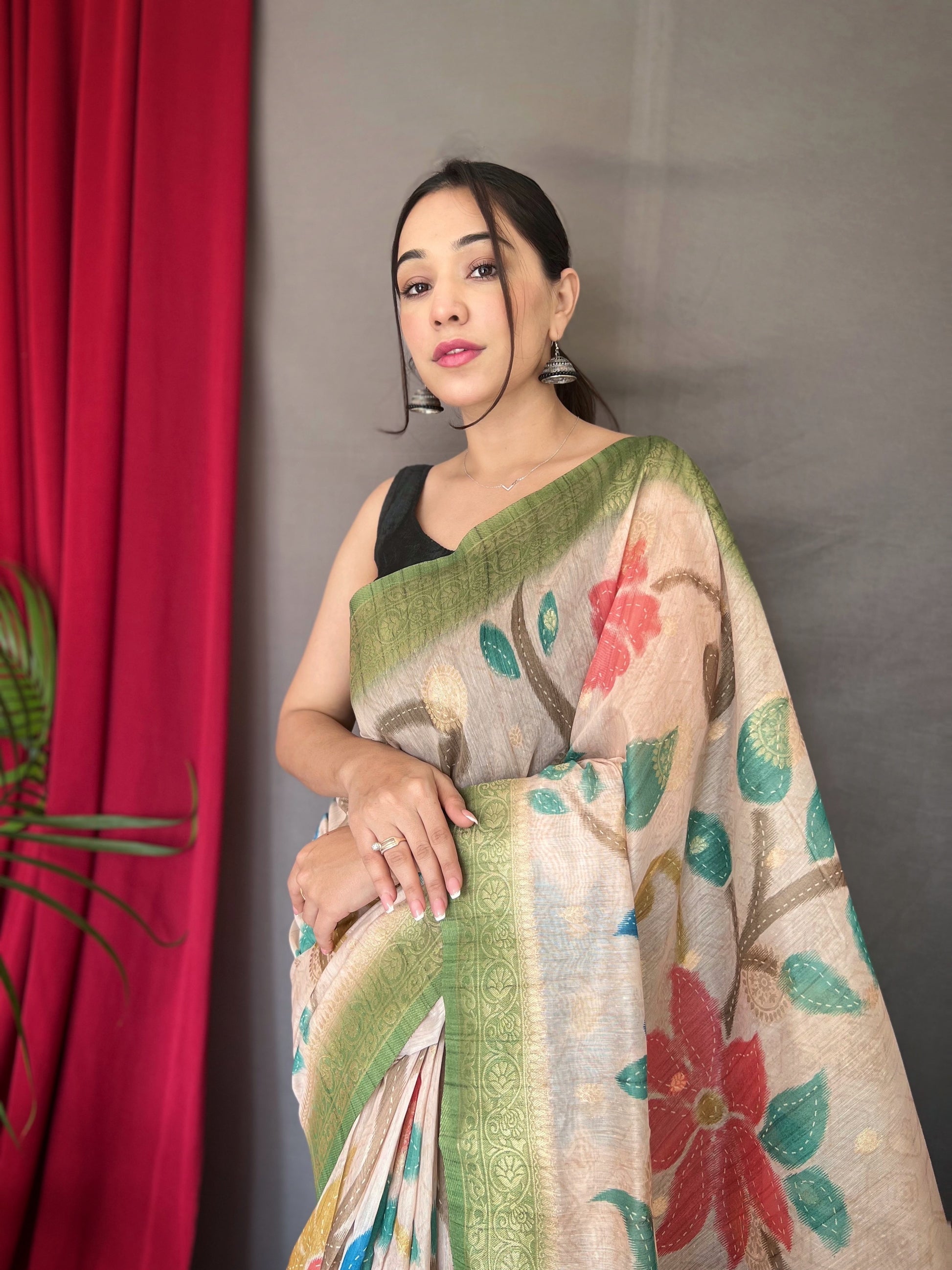 Buy MySilkLove Bay Leaf Green and Cream Floral Designer Banarasi Silk Saree Online