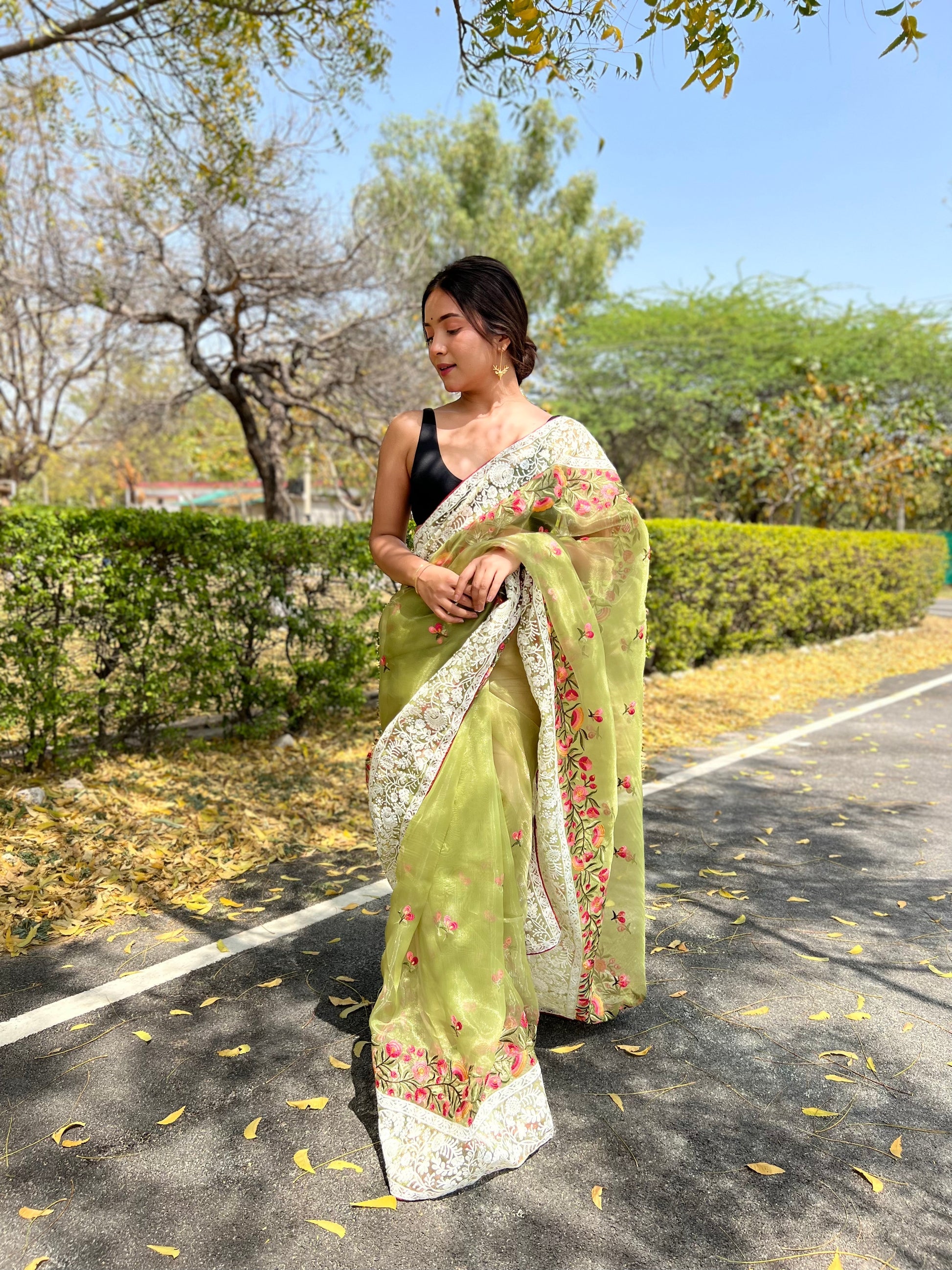 MySilkLove Willow Green Lucknowi Chikankari Organza Silk Saree