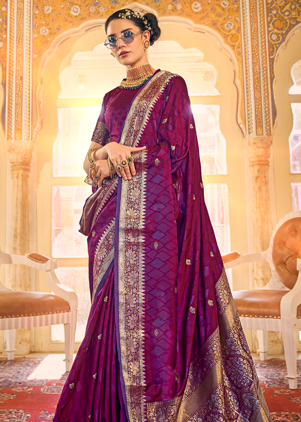 Buy MySilkLove Mulberry Wood Purple Woven Banarasi Satin Silk Saree Online