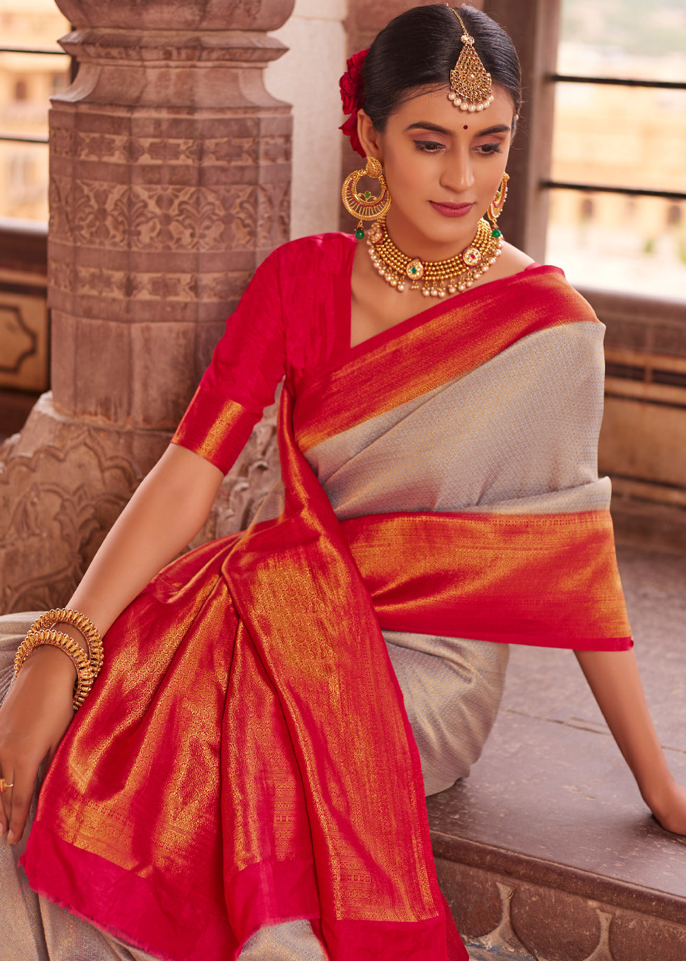 MySilkLove Akaroa Grey and Red Woven Kanjivram Silk Saree