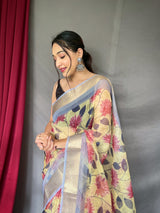 Zombie Yellow Organza Floral Printed with Sequins Jacquard Woven Saree