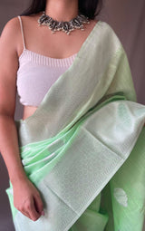 Green Pearl Linen Silver Zari Woven Saree