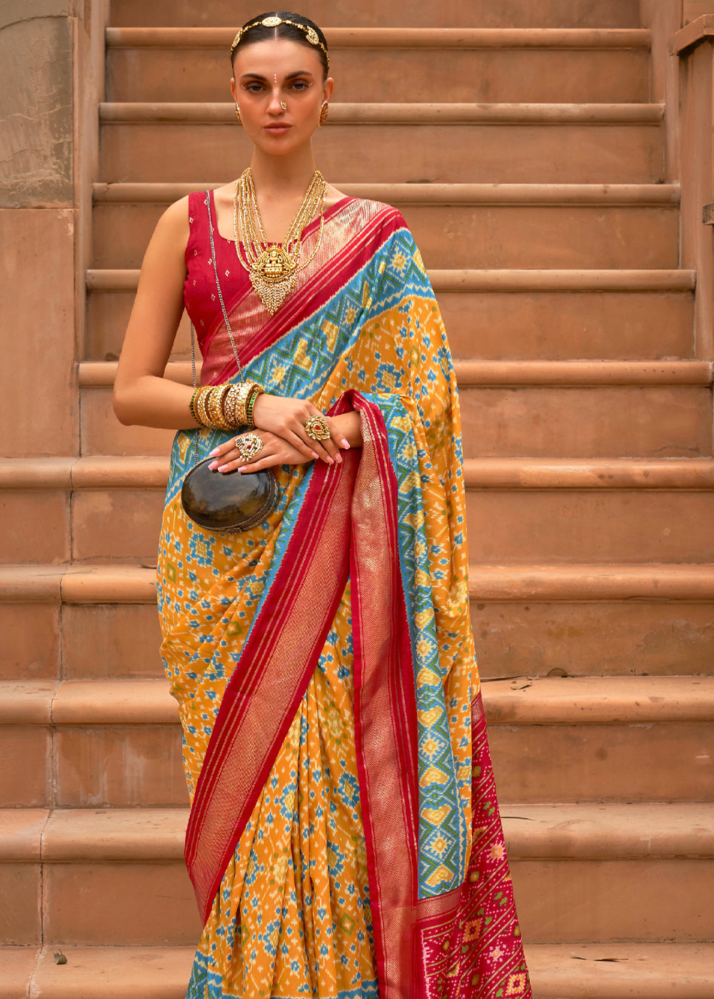 Buy MySilkLove Neon Carrot Yellow Woven Patola Silk Saree Online