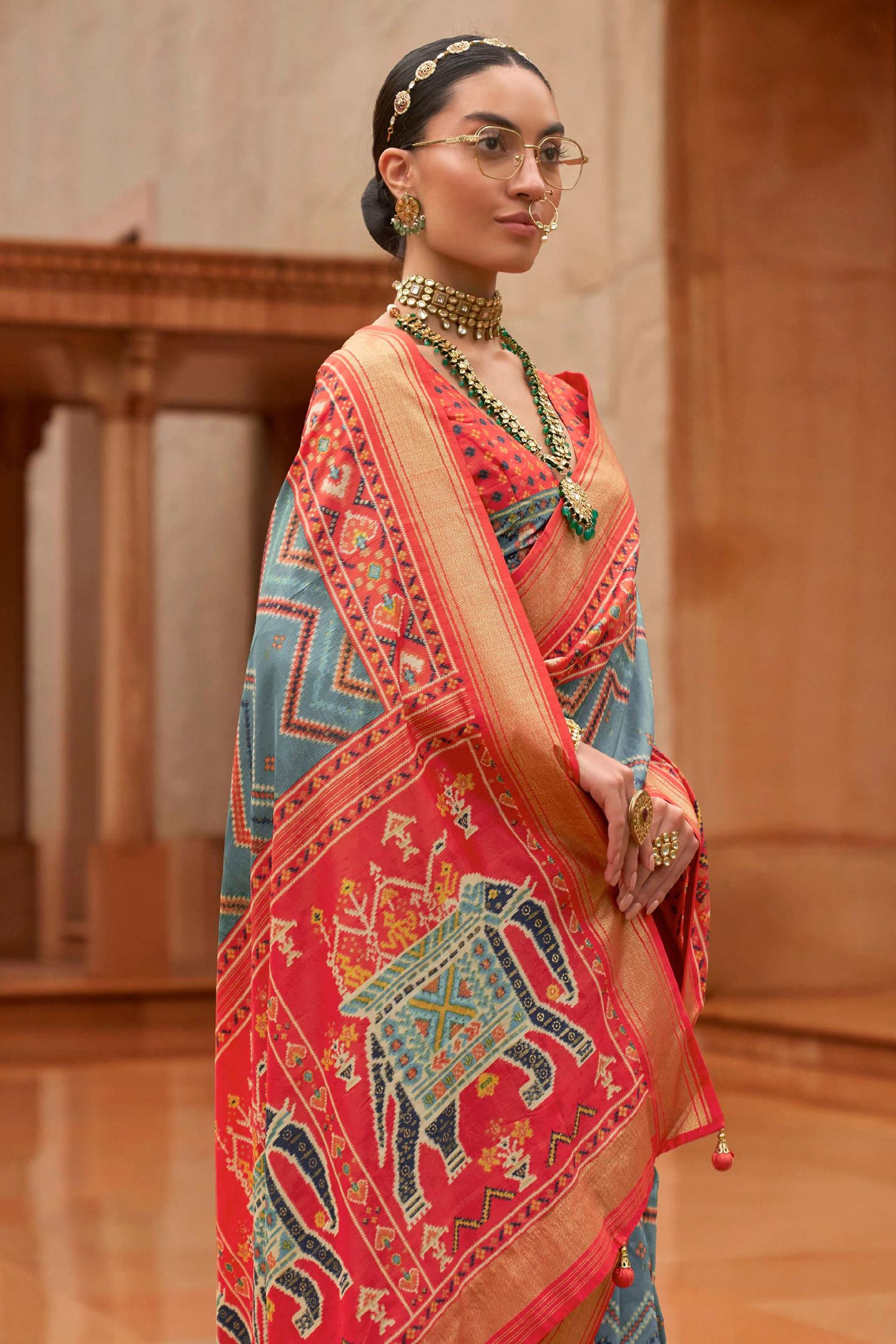 Buy MySilkLove Sirocco Grey and Red Patola Printed Silk Saree Online