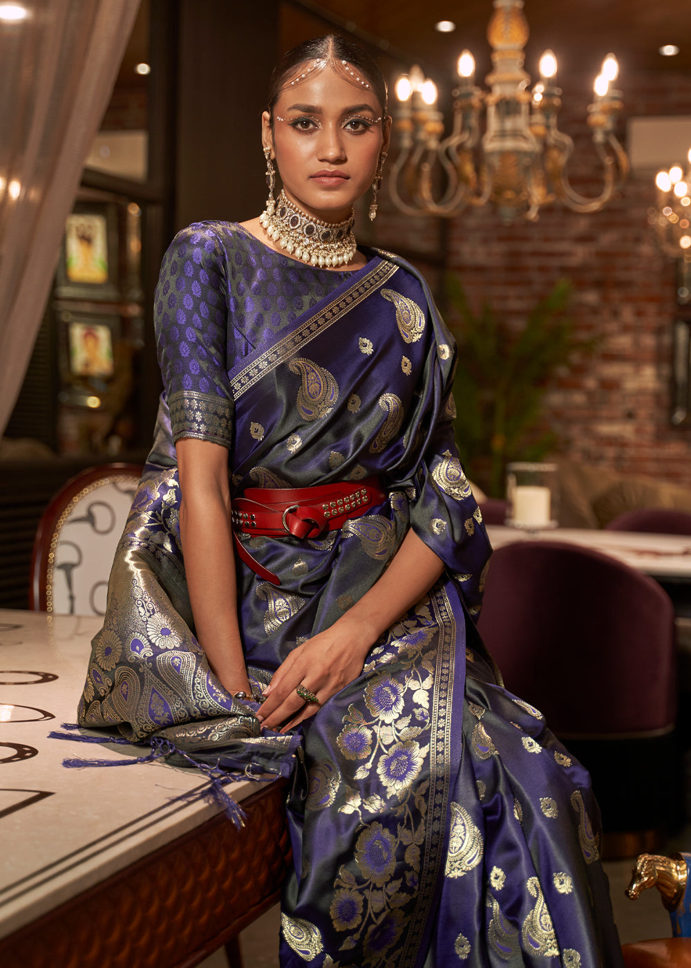 MySilkLove Mulled Wine Blue Banarasi Woven Satin Silk Saree