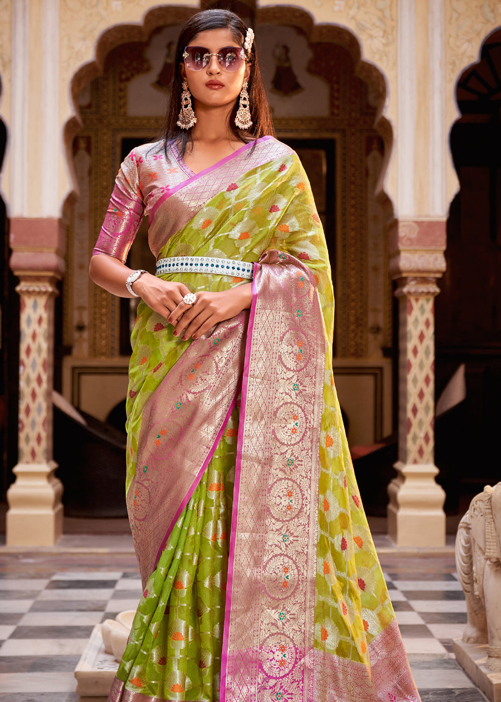 Buy MySilkLove Husk Green Banarasi Tissue Woven Silk Saree Online