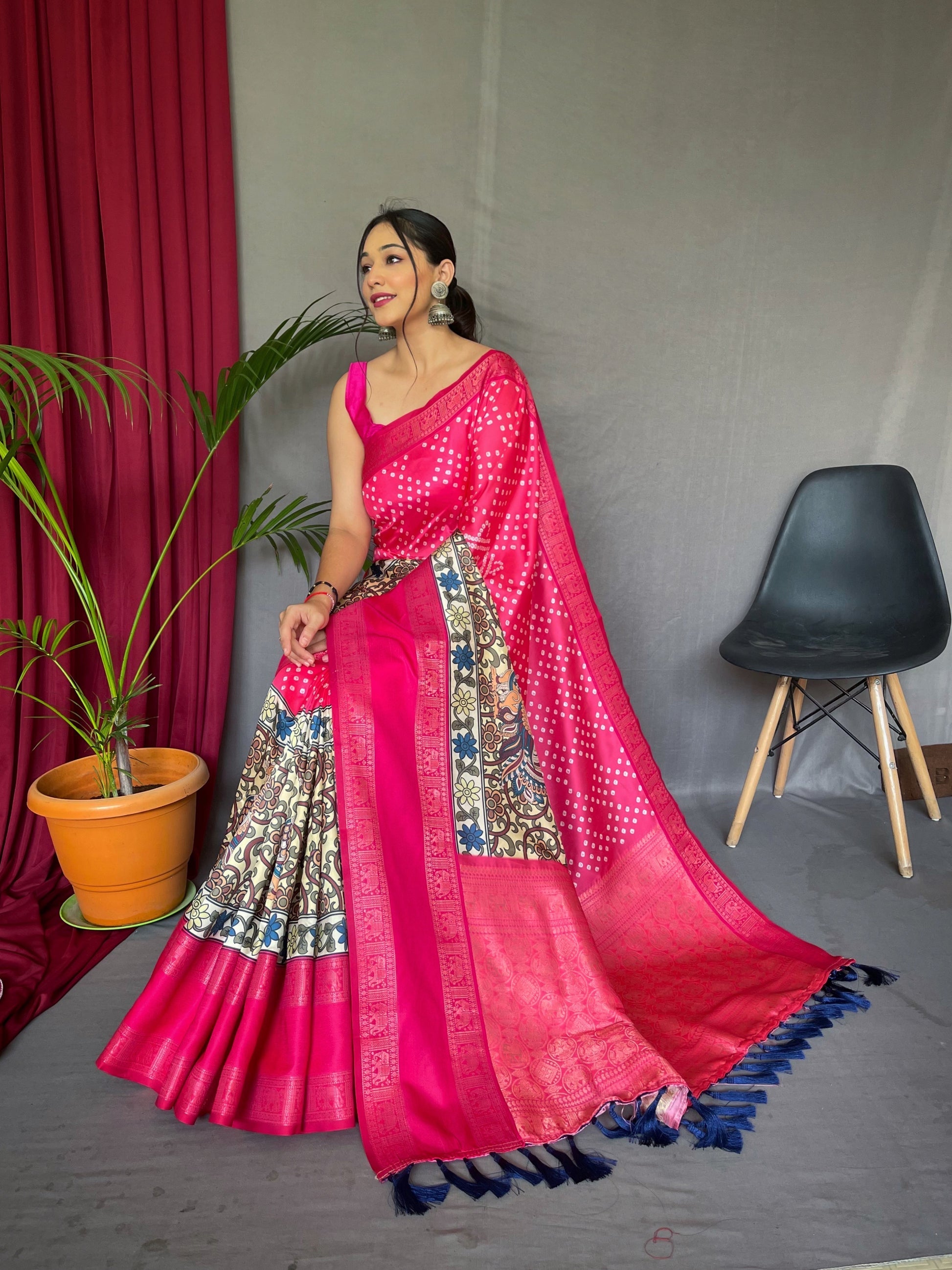 Buy MySilkLove Tickle Me Pink Gala Bandhej Kalamkari Printed Silk Saree Online