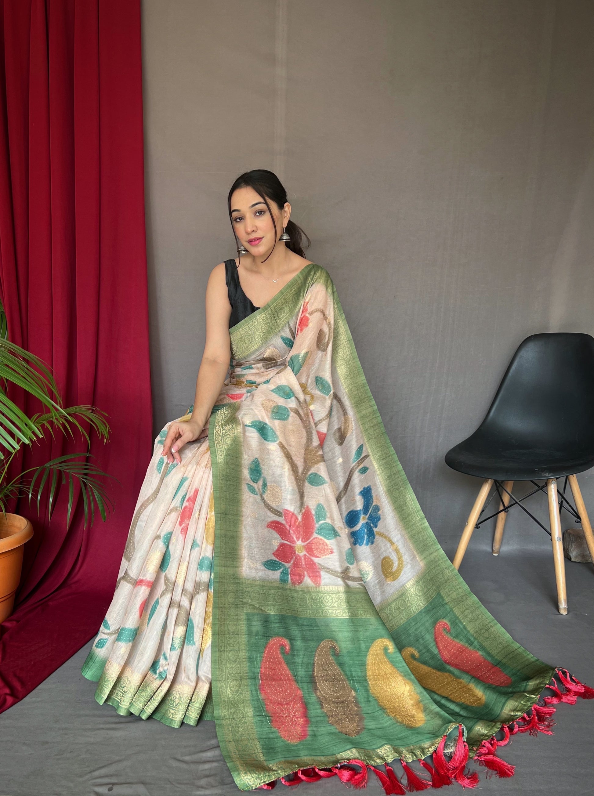 MySilkLove Bay Leaf Green and Cream Floral Designer Banarasi Silk Saree