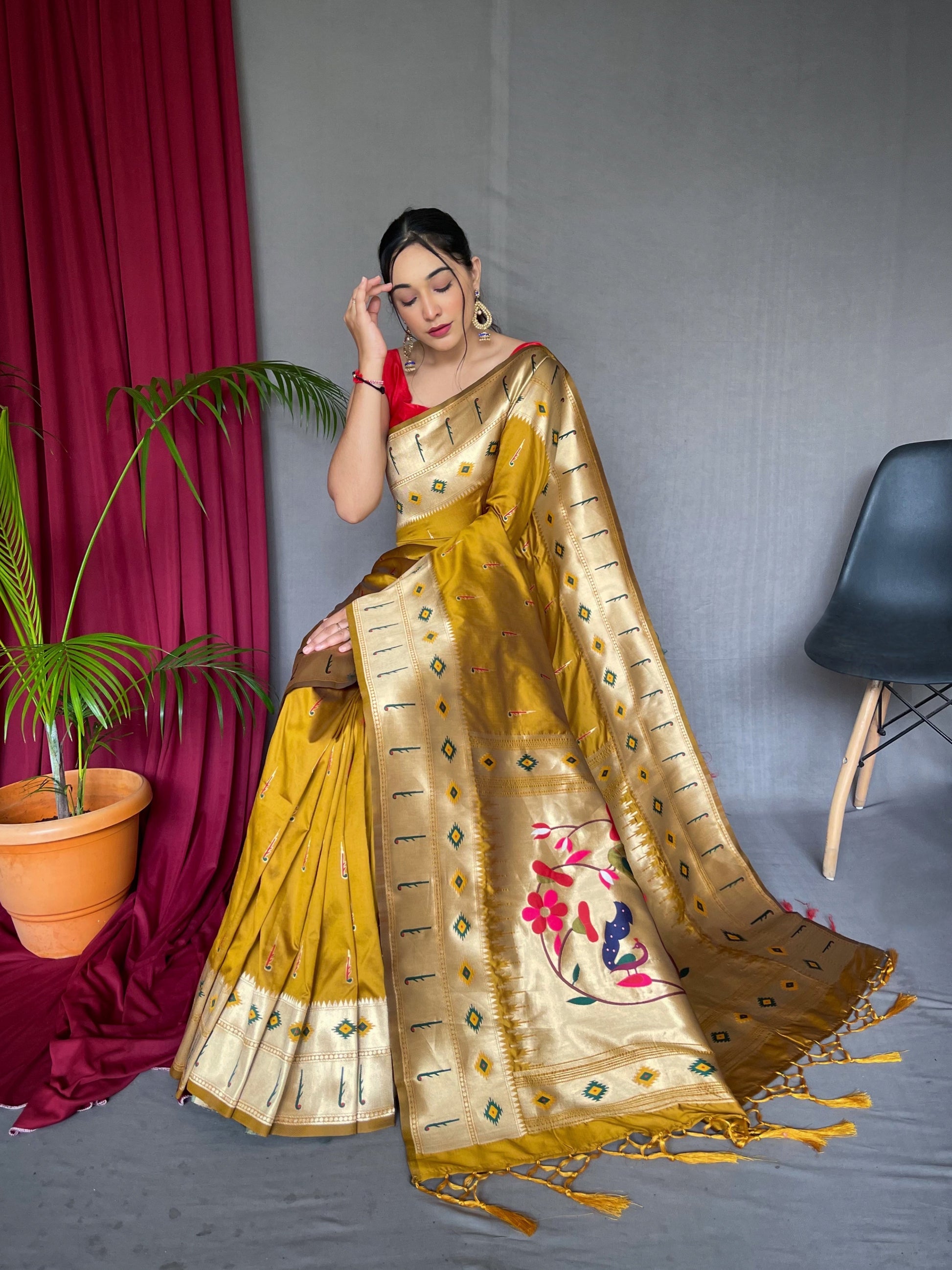 MySilkLove Flax Yellow Muniya Paithani Woven Silk Saree