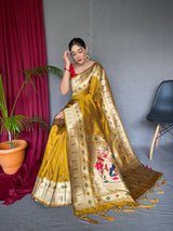 Flax Yellow Muniya Paithani Woven Silk Saree