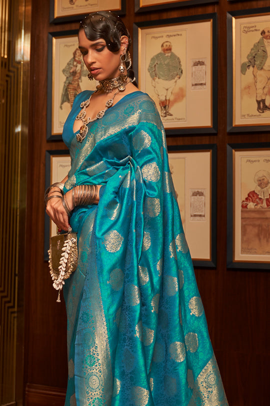 Buy MySilkLove Elm Blue Kanjivaram Silk Saree Online