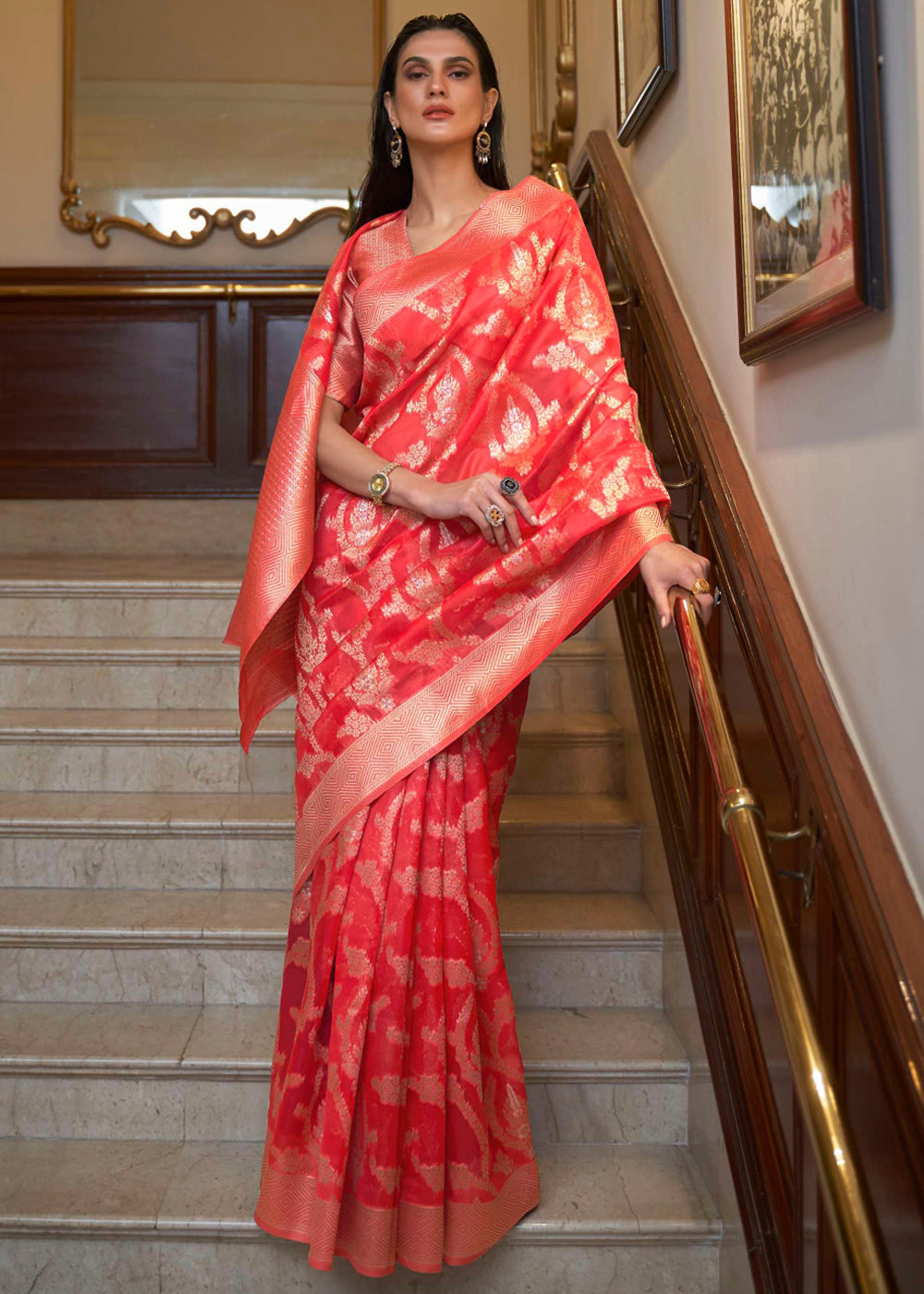 Buy MySilkLove Poppy Red Woven Organza Banarasi Silk Saree Online