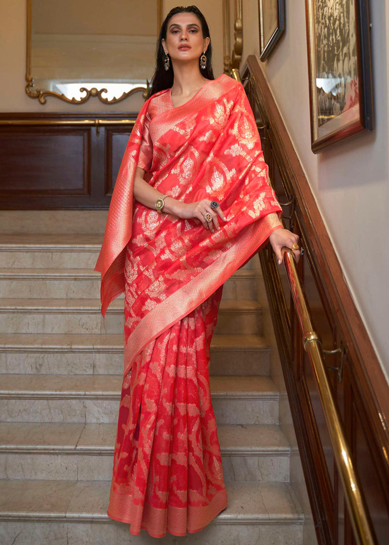 Poppy Red Woven Organza Banarasi Silk Saree