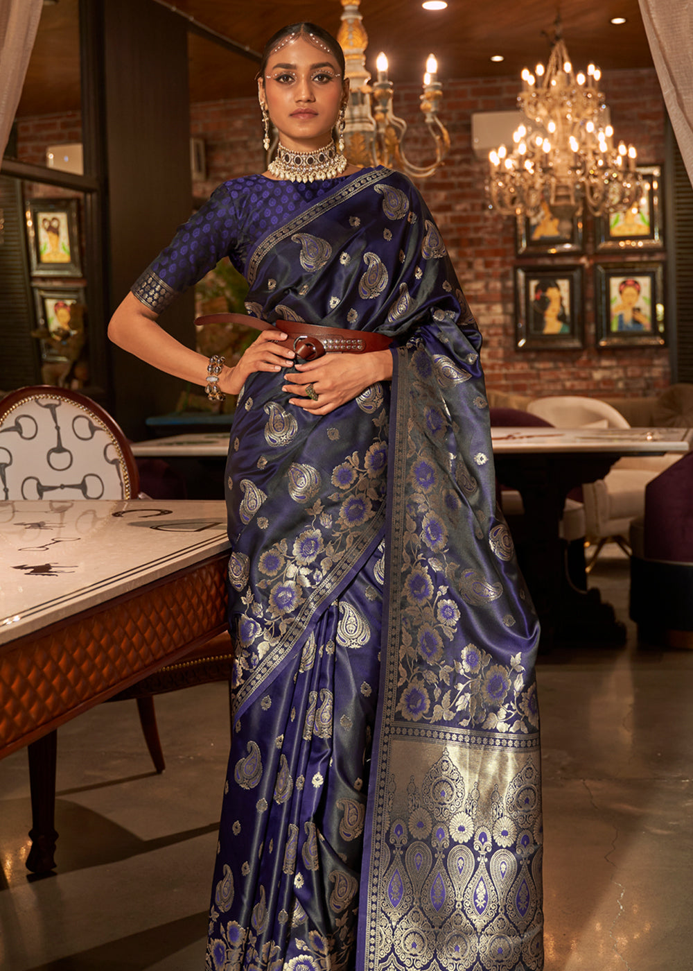 Buy MySilkLove Mulled Wine Blue Banarasi Woven Satin Silk Saree Online