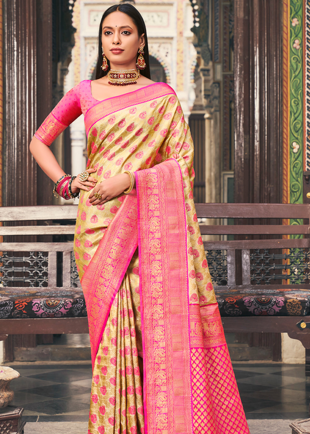 Buy MySilkLove Drover Yellow and Pink Woven Kanjivaram Silk Saree Online