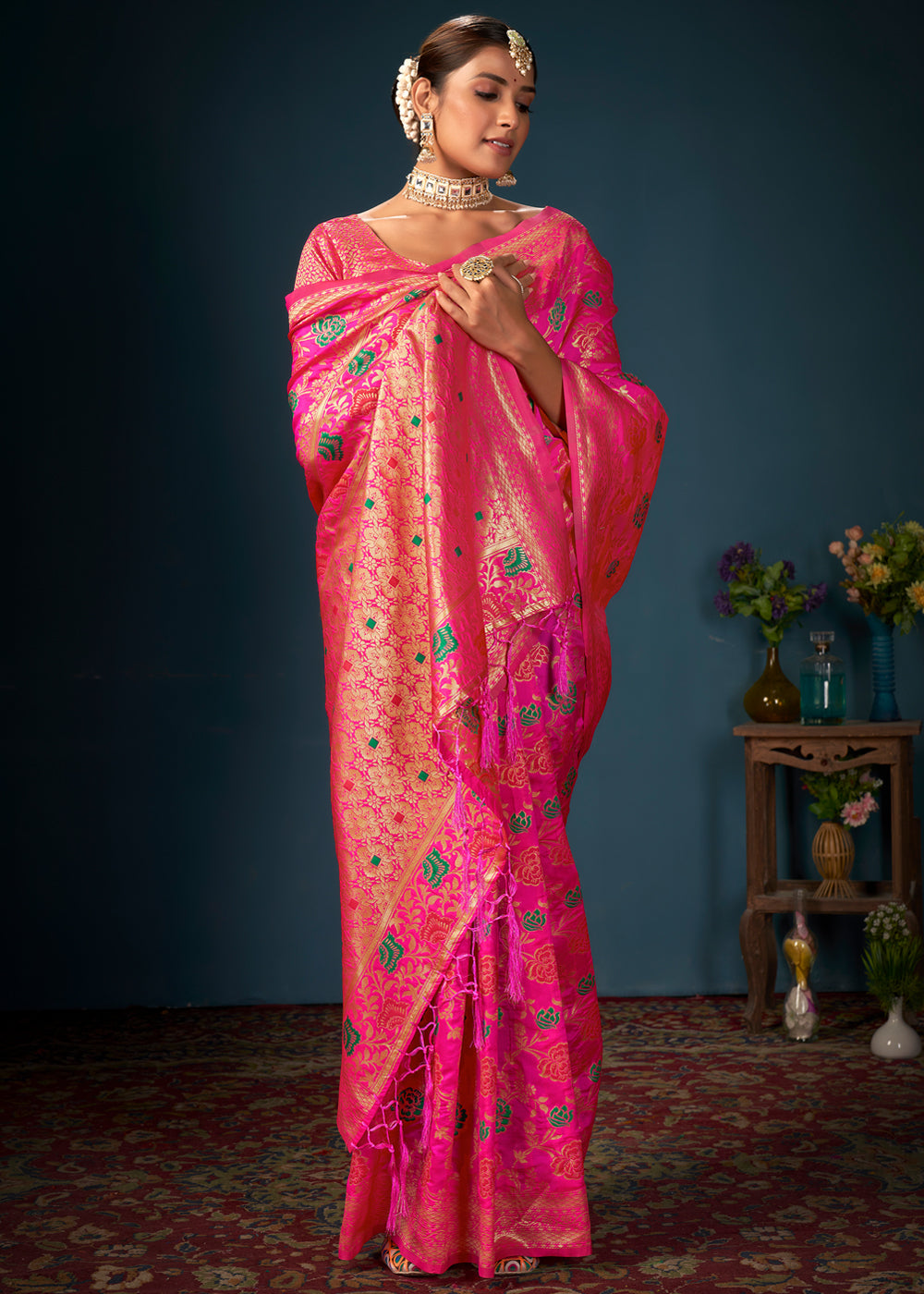 Buy MySilkLove Wild Strawberry Pink Woven Banarasi Silk Saree Online