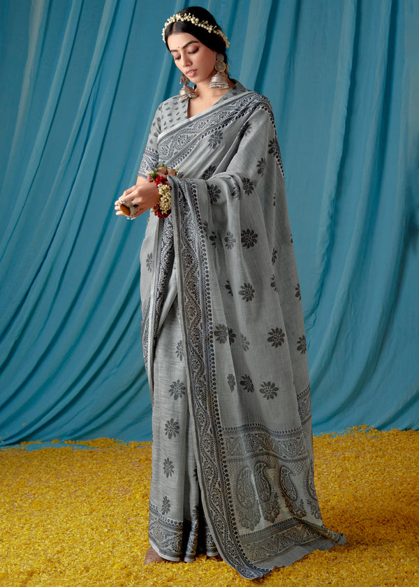 Willow Grove Grey Woven Banarasi Linen Silk Saree